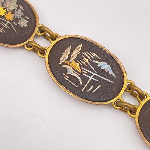 Signed JAPAN Bracelet Vge Japanese Damascene Nature Scenes 1950s Black Gold Tone - Picture 7 of 16